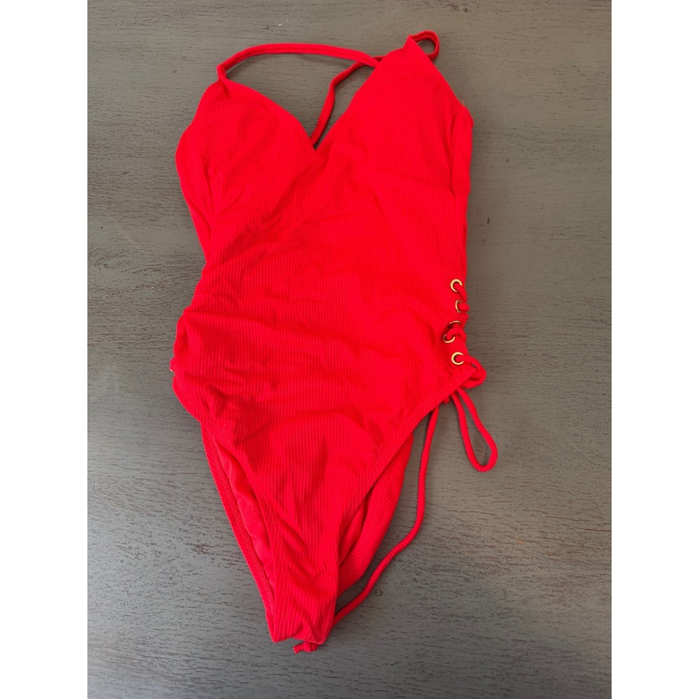 California Waves Red Ribbed Lace Up One Piece Swimsuit Womens Small V-Neck